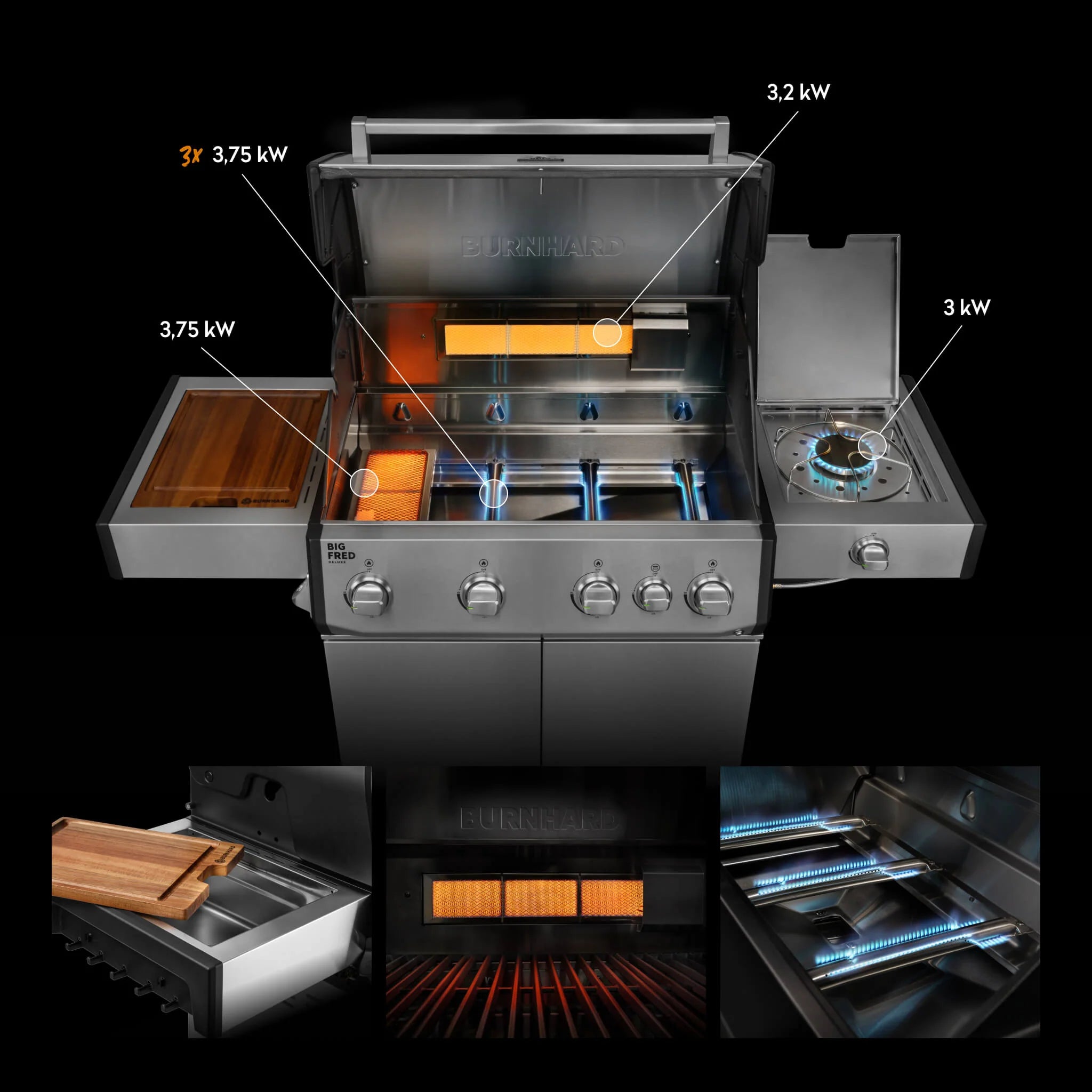 Burnhard Big FRED Deluxe barbecue a gas in acciaio inox a 4 fuochi con griglia in ghisa Serie 4