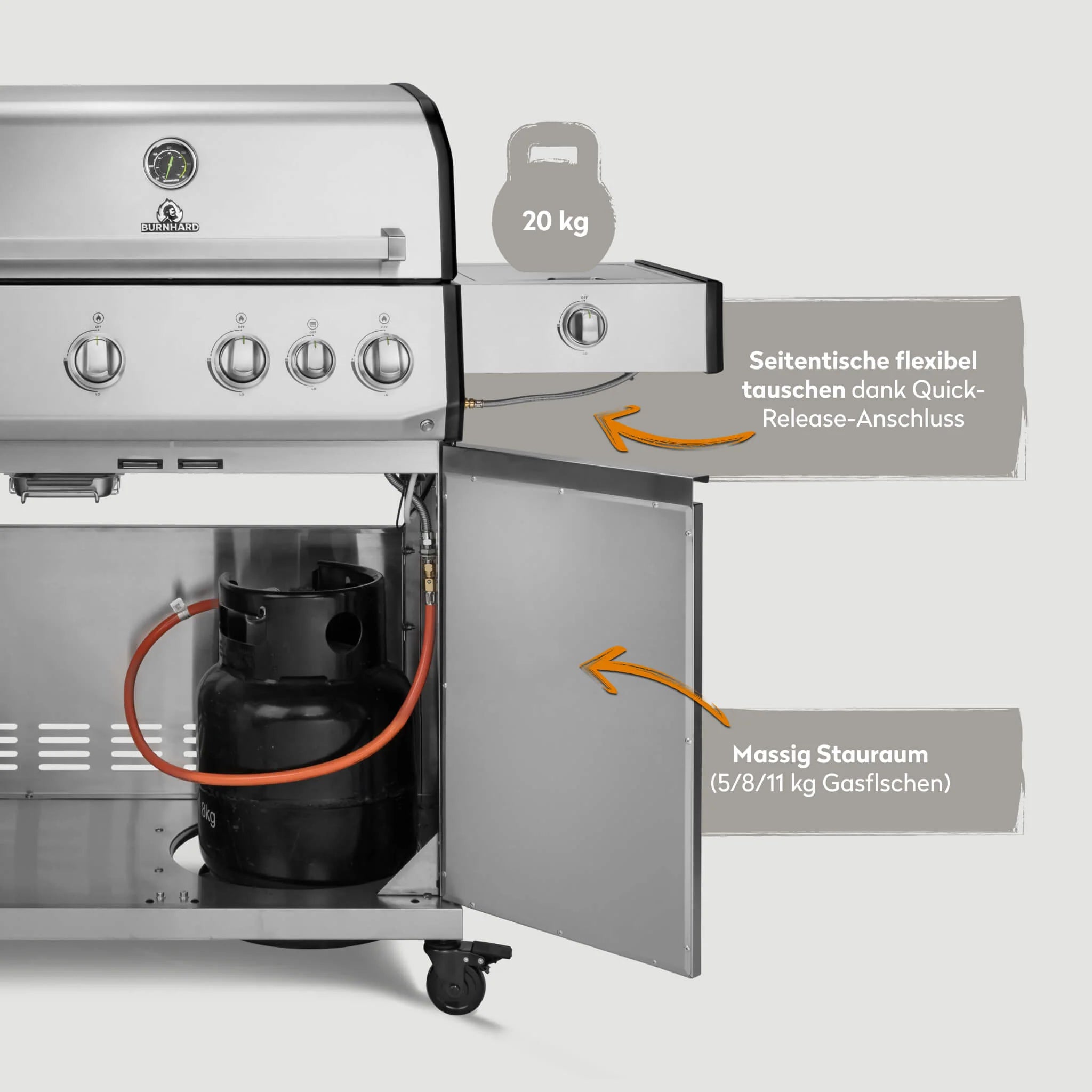 Burnhard Big FRED Deluxe barbecue a gas in acciaio inox a 4 fuochi con griglia in ghisa Serie 4