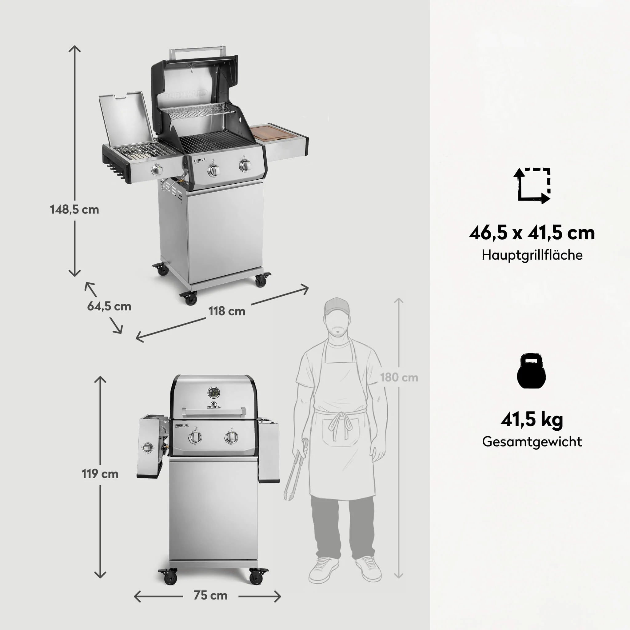 Burnhard FRED Jr. Deluxe Gasgrill Edelstahl 2-Brenner mit Gussrost Series 4