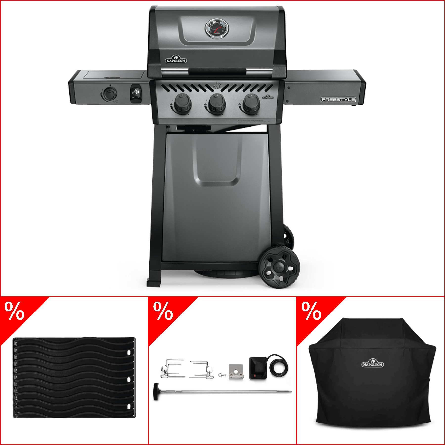 Napoleon Freestyle 365 Graphite - with side burner incl. cover, cast iron plate & rotisserie