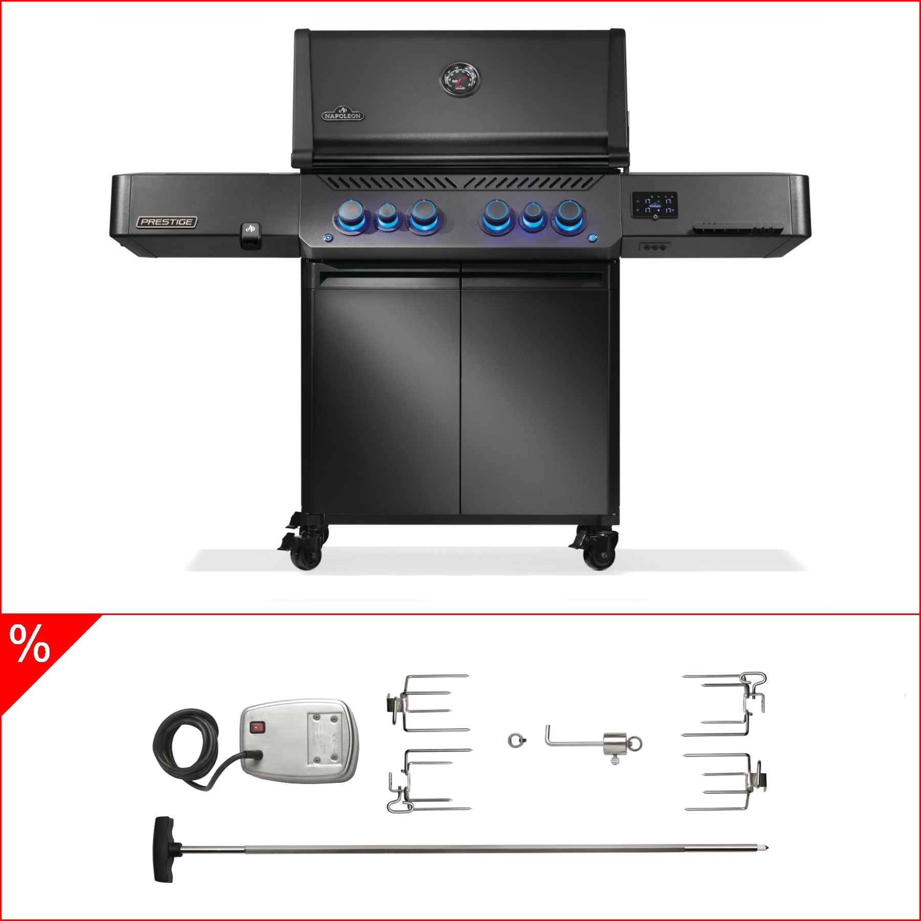 Napoleon Phantom Prestige 500, collegato, griglie in acciaio inox fuso, nero opaco, ultimo modello con girarrosto