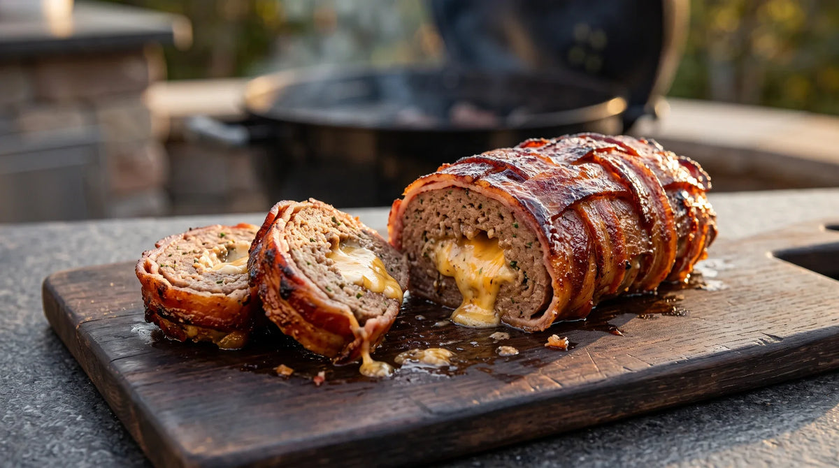 Bacon Bomb Kerntemperatur: angeschnittene Bacon Bomb mit Käsefüllung auf einem Holzbrett vor dem Grill