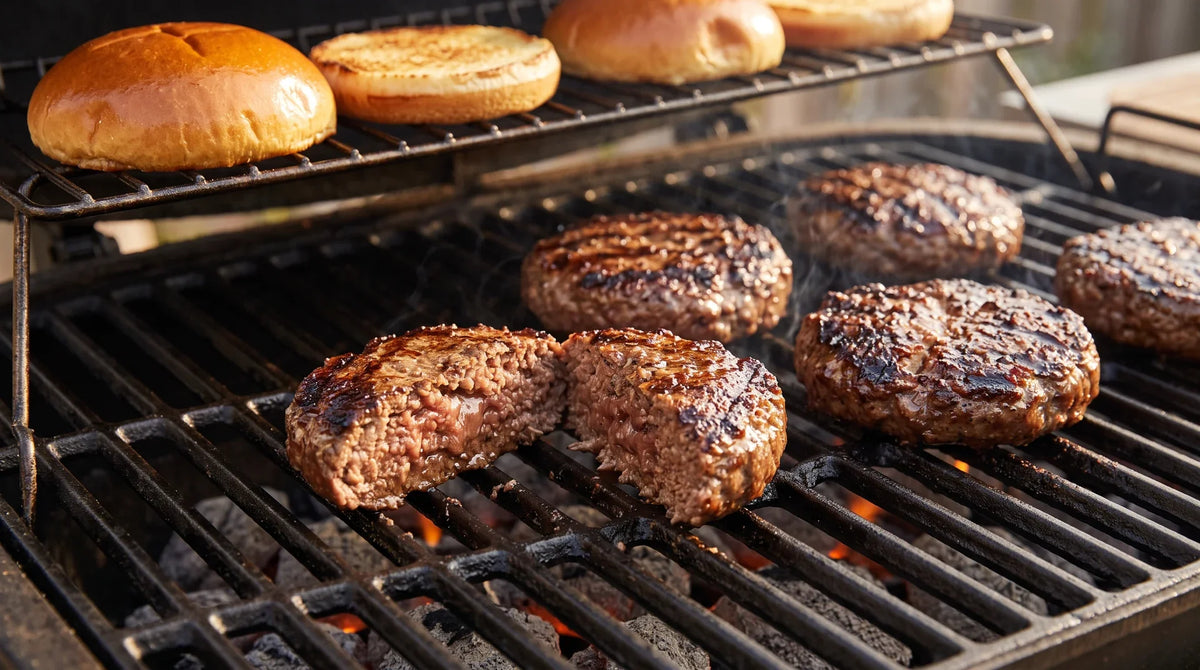 Burger Kerntemperatur: Burger Patties auf dem Holzkohlegrill, eines halbiert, darüber Brioche-Buns