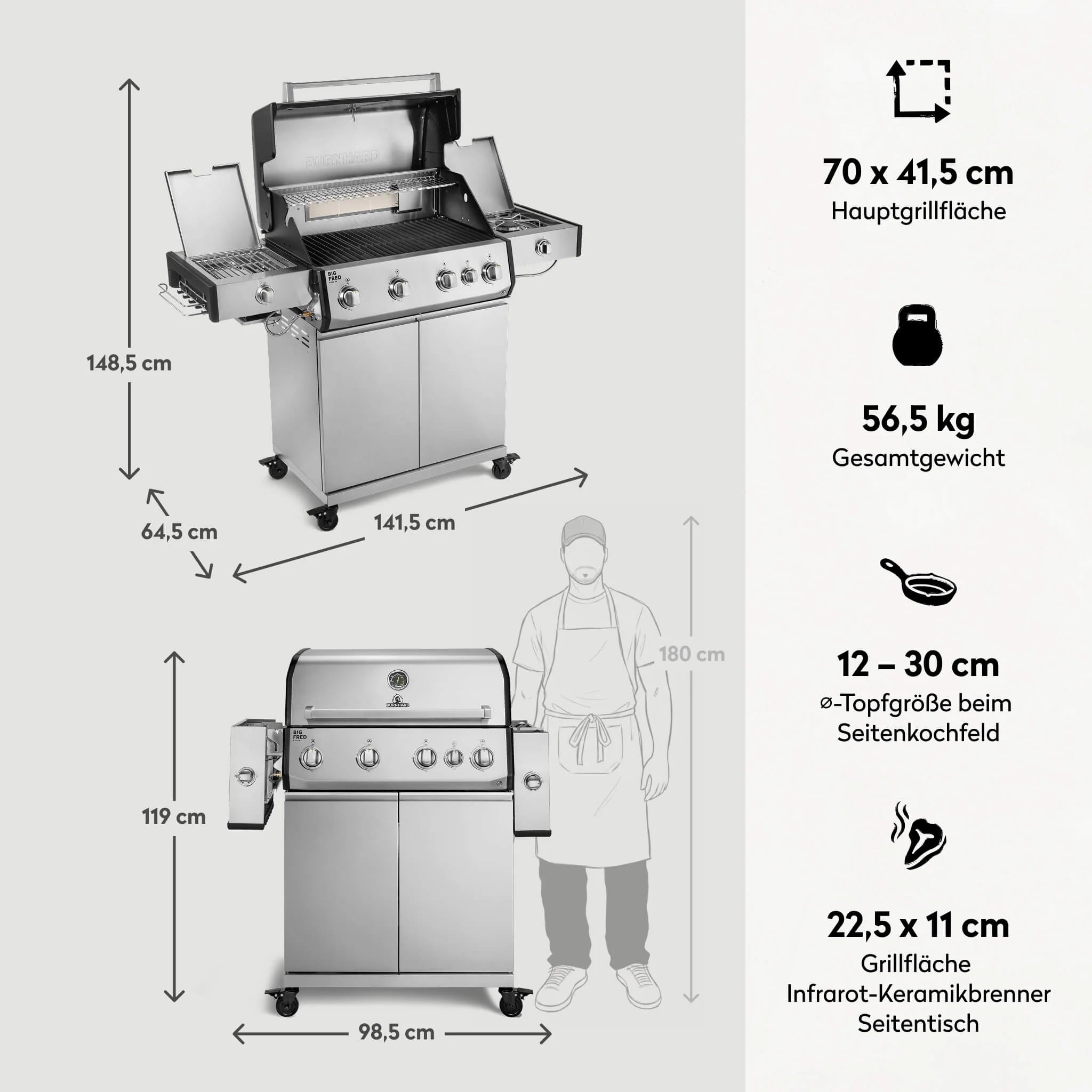 Burnhard Big FRED Deluxe+ Gasgrill Edelstahl 4-Brenner mit Gusseisenrost Series 4