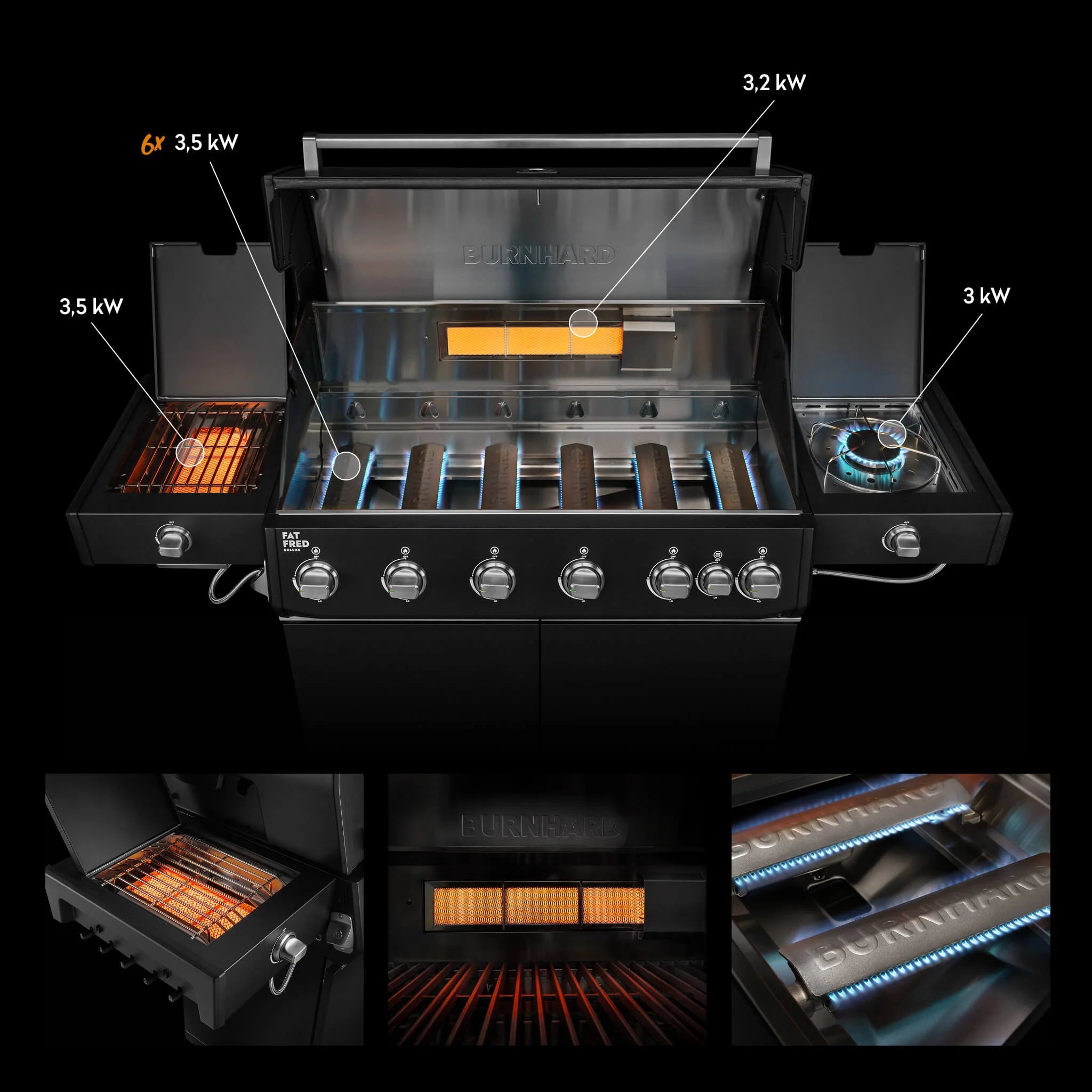 Burnhard Fat FRED Deluxe+ Gasgrill Black Edition 6-Brenner mit Gusseisenrost (Series 4)