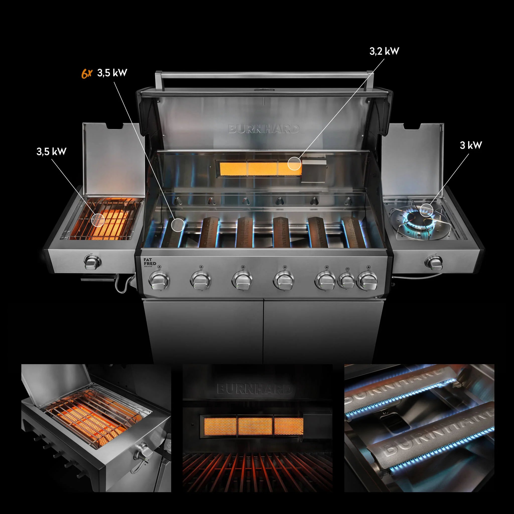 Burnhard Fat FRED Deluxe Gasgrill 6-Brenner Edelstahl mit Edelstahlrost Series 4