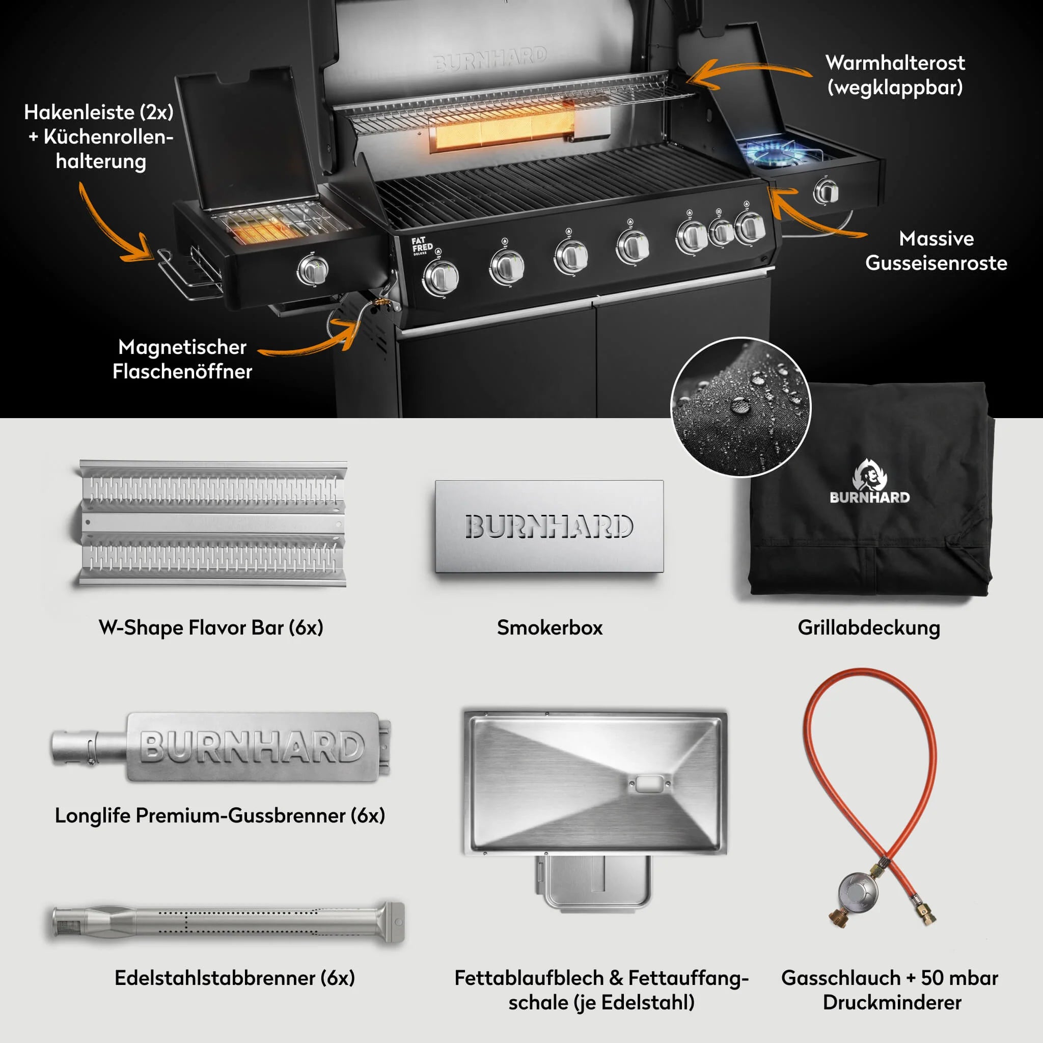 Burnhard Fat FRED Deluxe+ Gasgrill Black Edition 6-Brenner mit Gusseisenrost (Series 4)