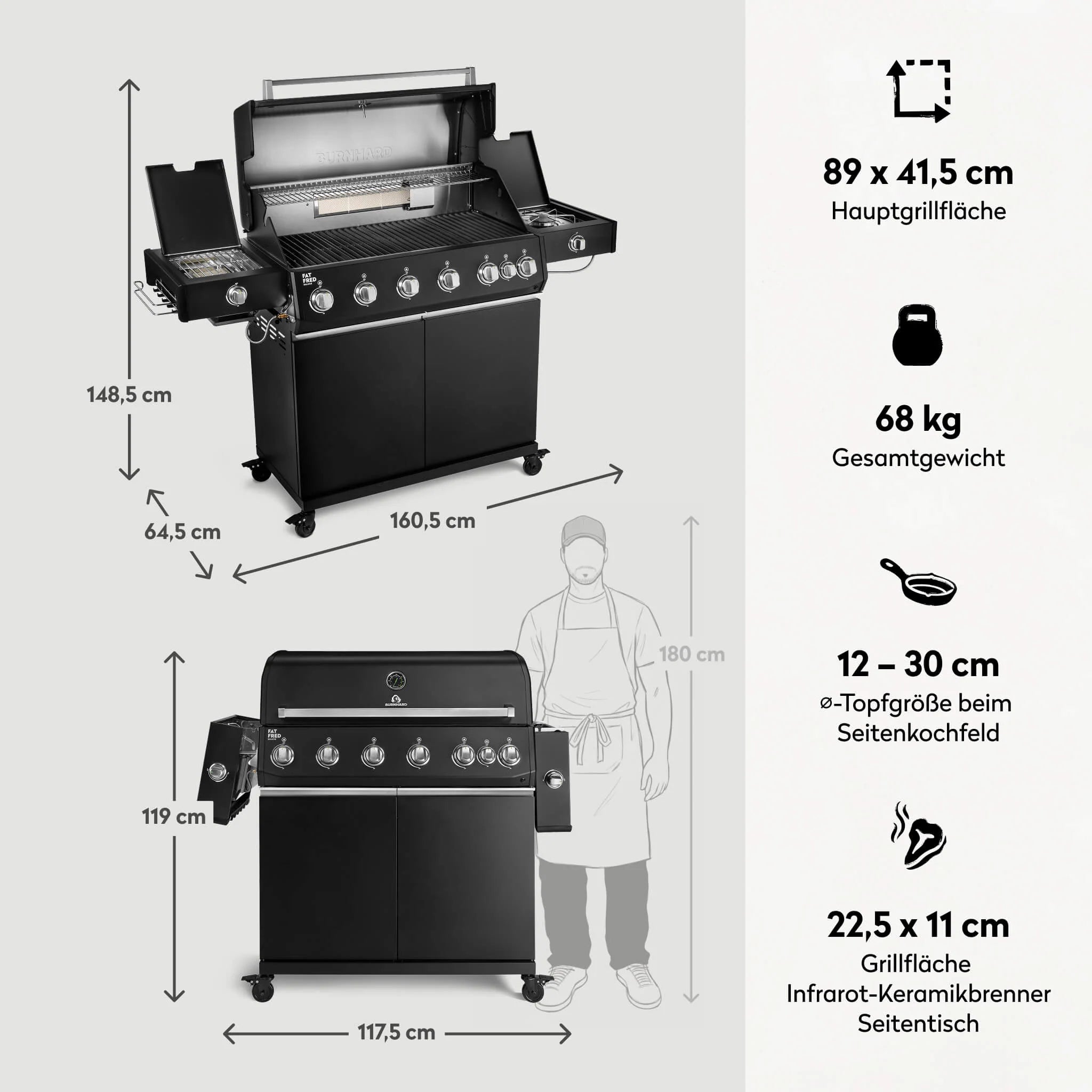 Burnhard Fat FRED Deluxe+ Gasgrill Black Edition 6-Brenner mit Gusseisenrost (Series 4)