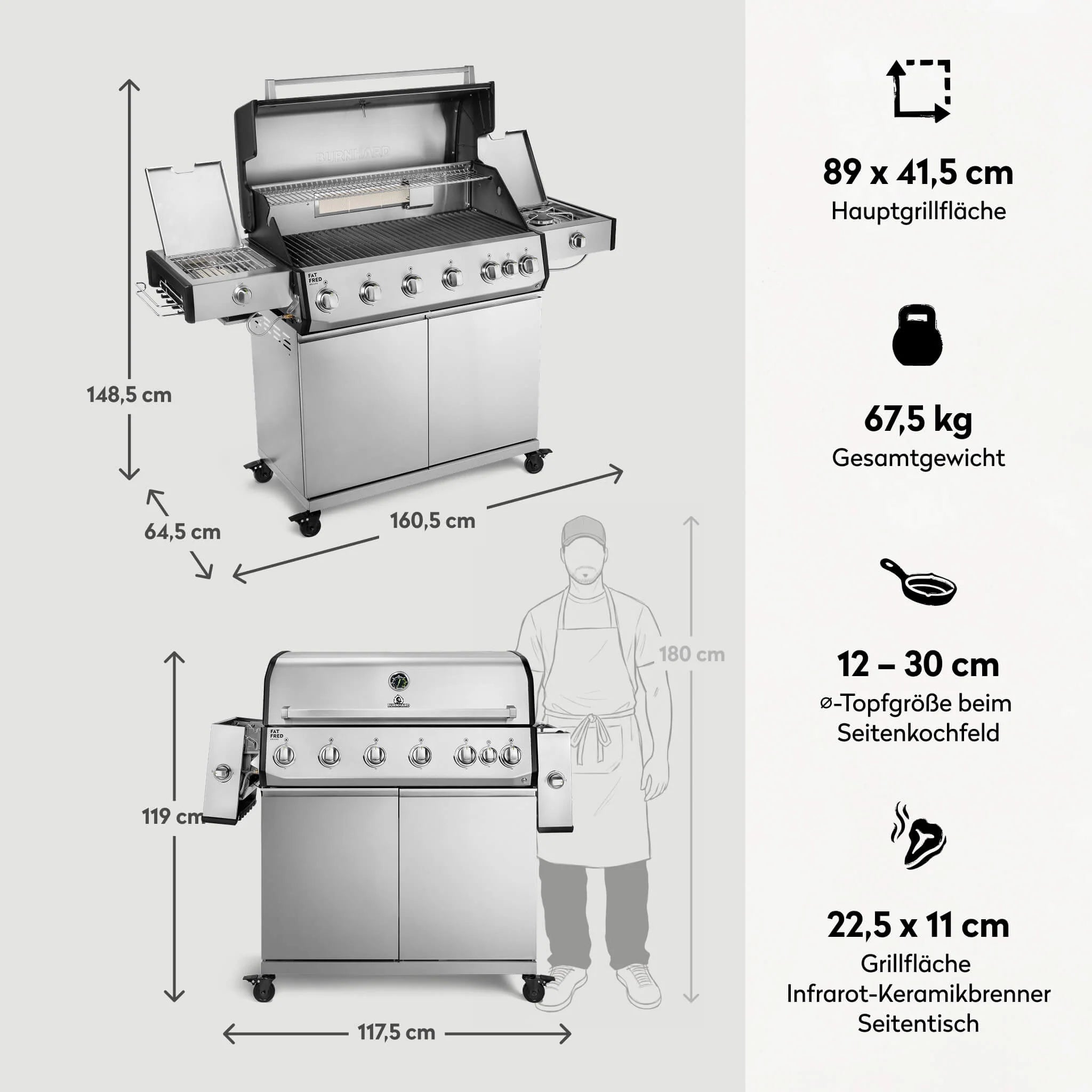Burnhard Fat FRED Deluxe Gasgrill 6-Brenner Edelstahl mit Gusseisenrost Series 4