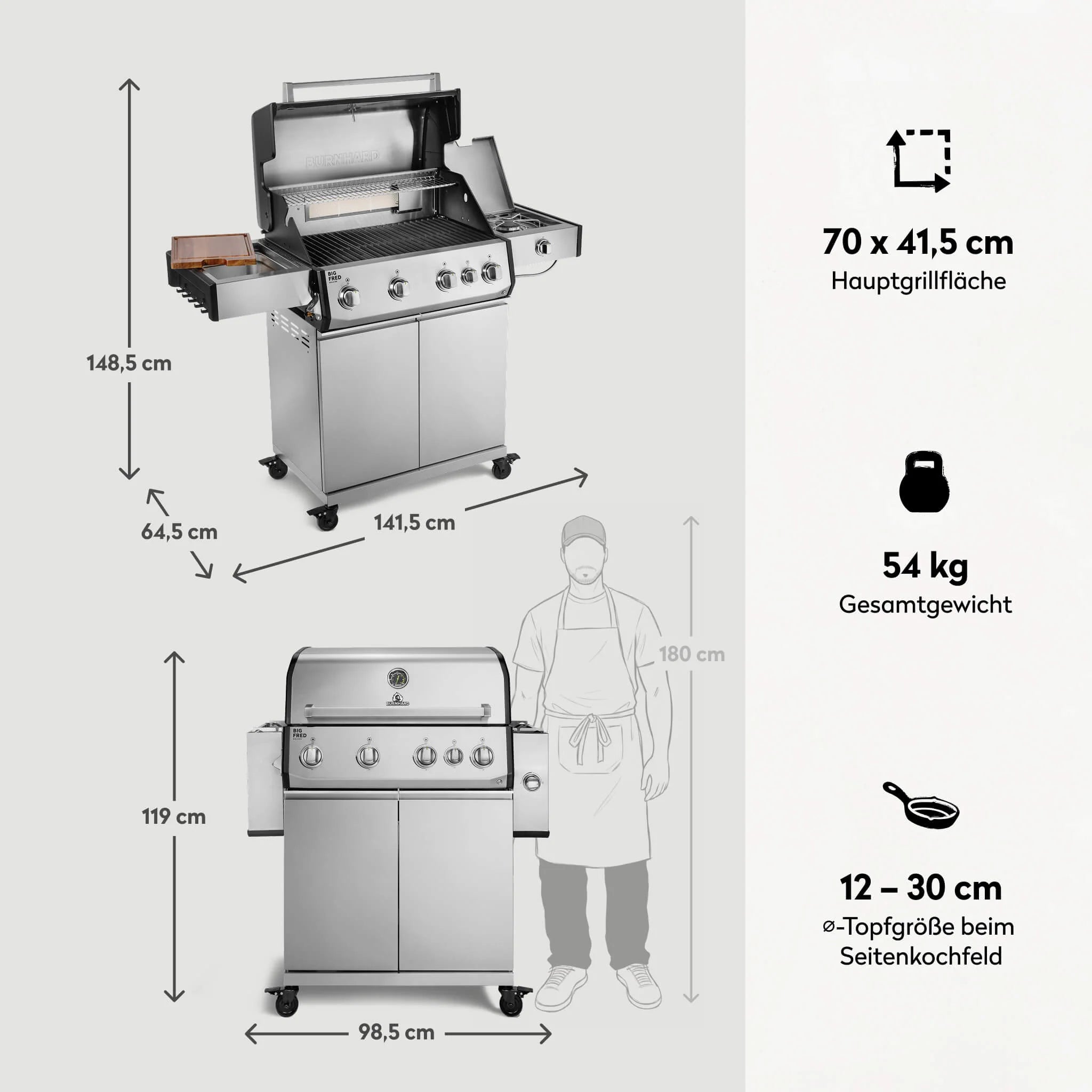 Burnhard Big FRED Deluxe barbecue a gas in acciaio inox a 4 fuochi con griglia in ghisa Serie 4