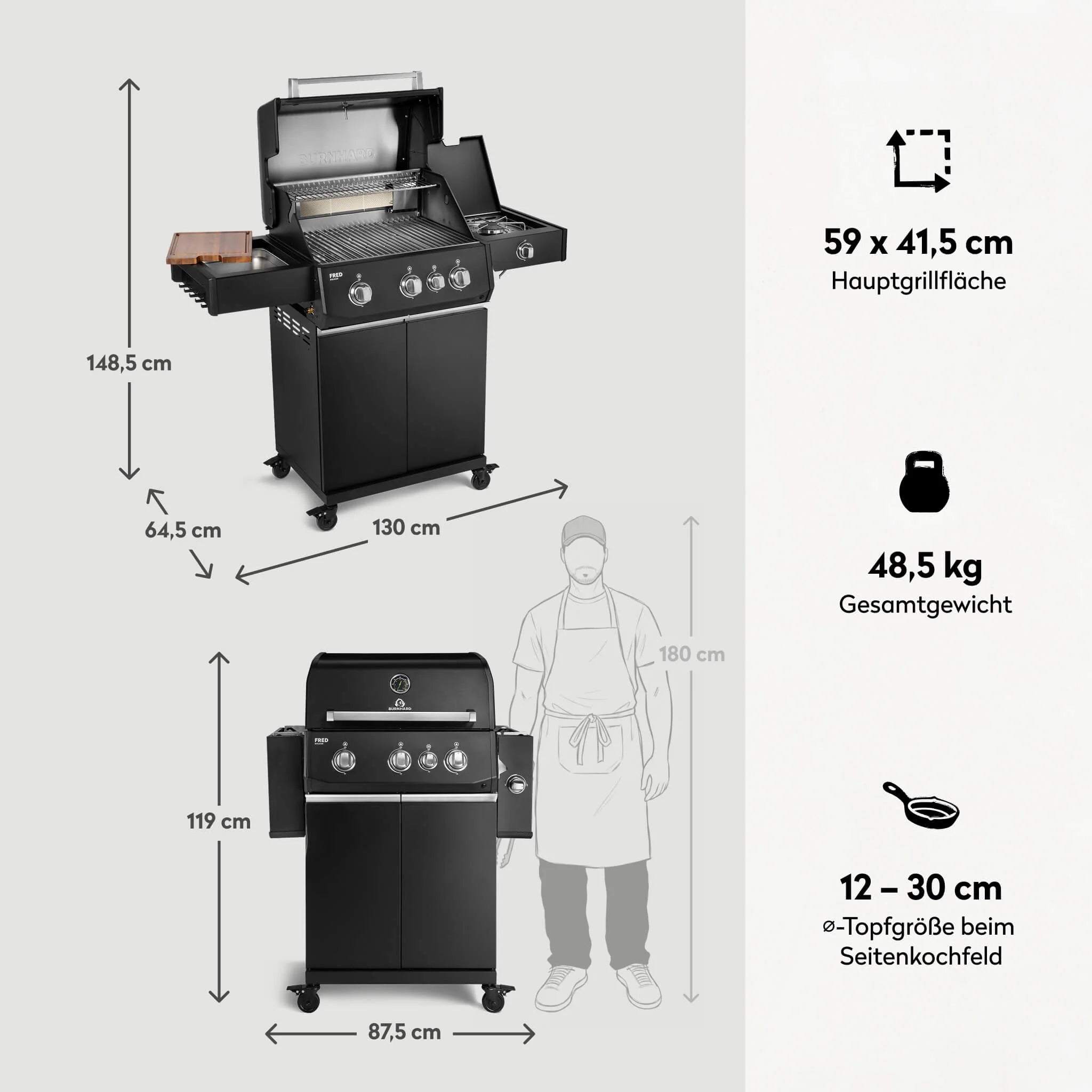 Burnhard FRED Deluxe Gasgrill 3-Brenner Black Edition mit Edelstahlrost Series 4