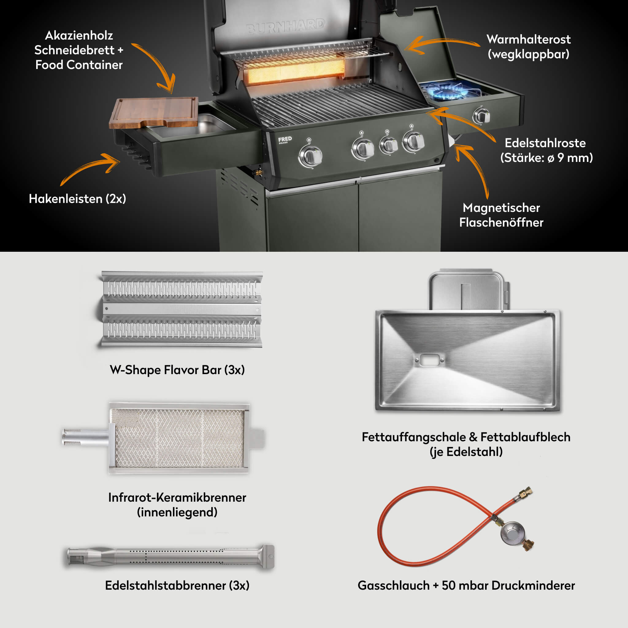 Burnhard FRED Deluxe Gasgrill 3-Brenner Green Edition mit Edelstahlrost Series 4