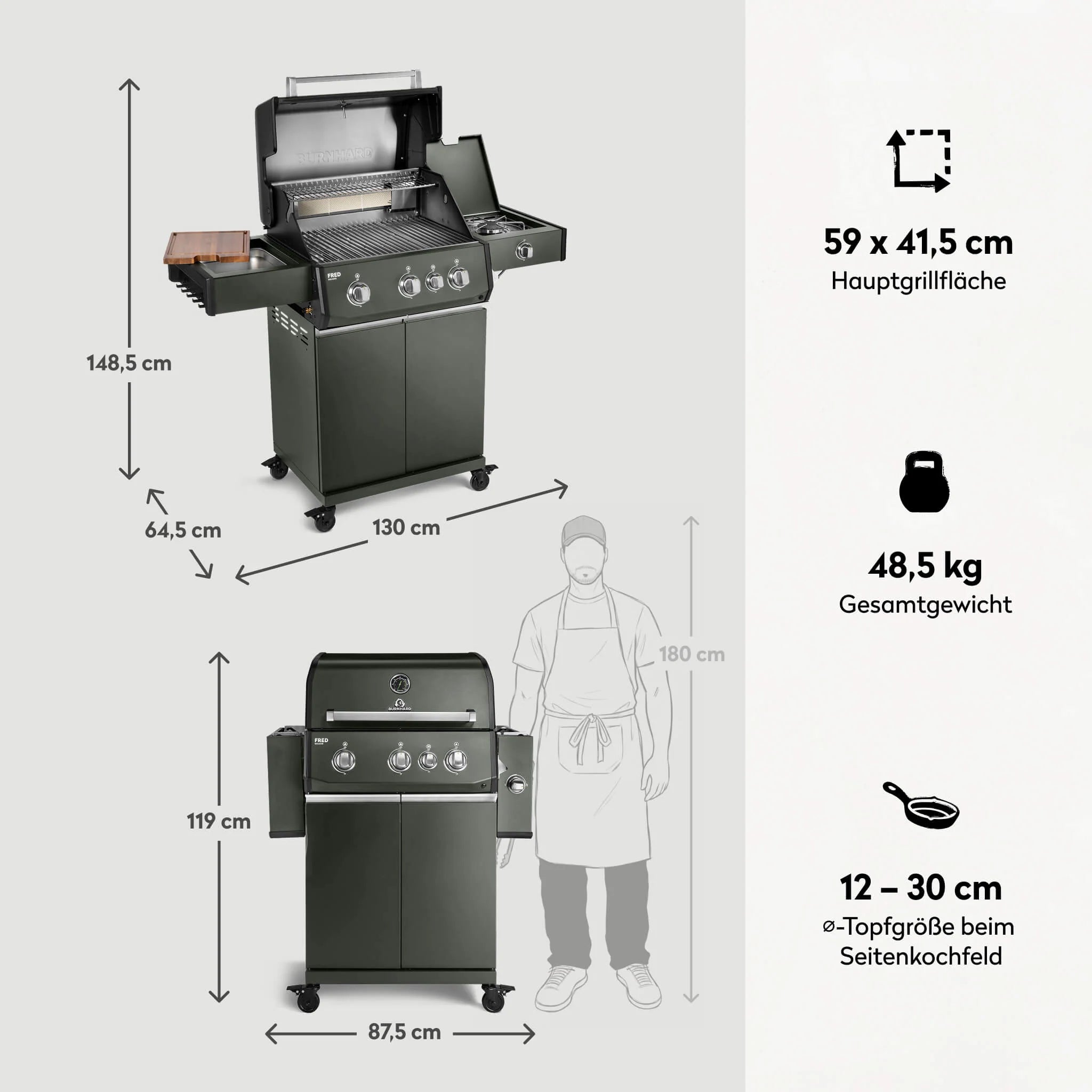 Burnhard FRED Deluxe Gasgrill 3-Brenner Green Edition mit Edelstahlrost Series 4