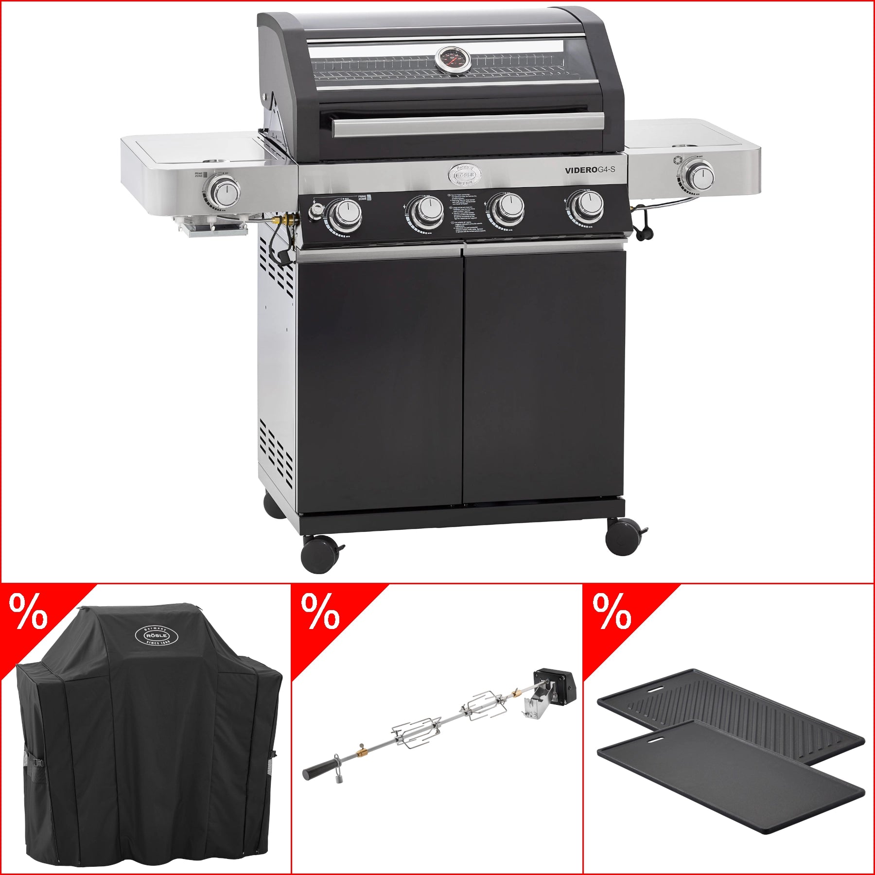 Rösle Videro G4-S Vario+ negro incl. tapa, asador y placa de parrilla