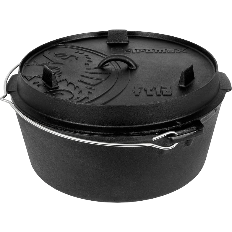 Produktbild gusseiserner 12er Dutch Oven ohne Füße, mit Deckel und Henkel in Frontansicht von Petromax