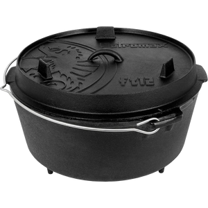 Produktbild gusseiserner 12er Dutch Oven mit Füßen, Deckel und Henkel in Frontansicht von Petromax
