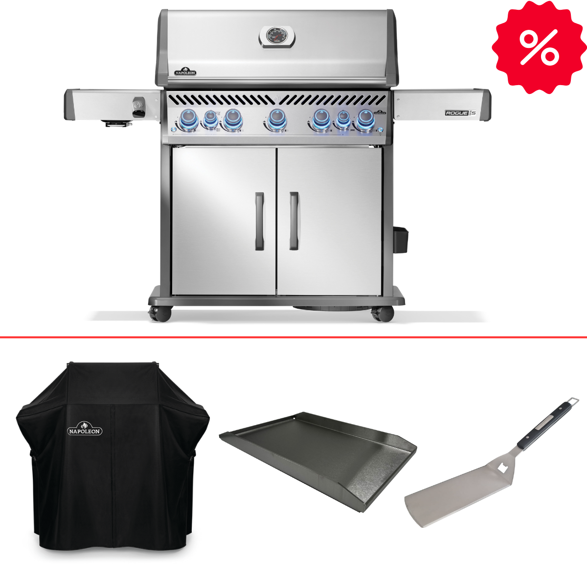 Napoleon Rogue PRO-S 625 en acier inoxydable, comprenant housse, plancha et spatule