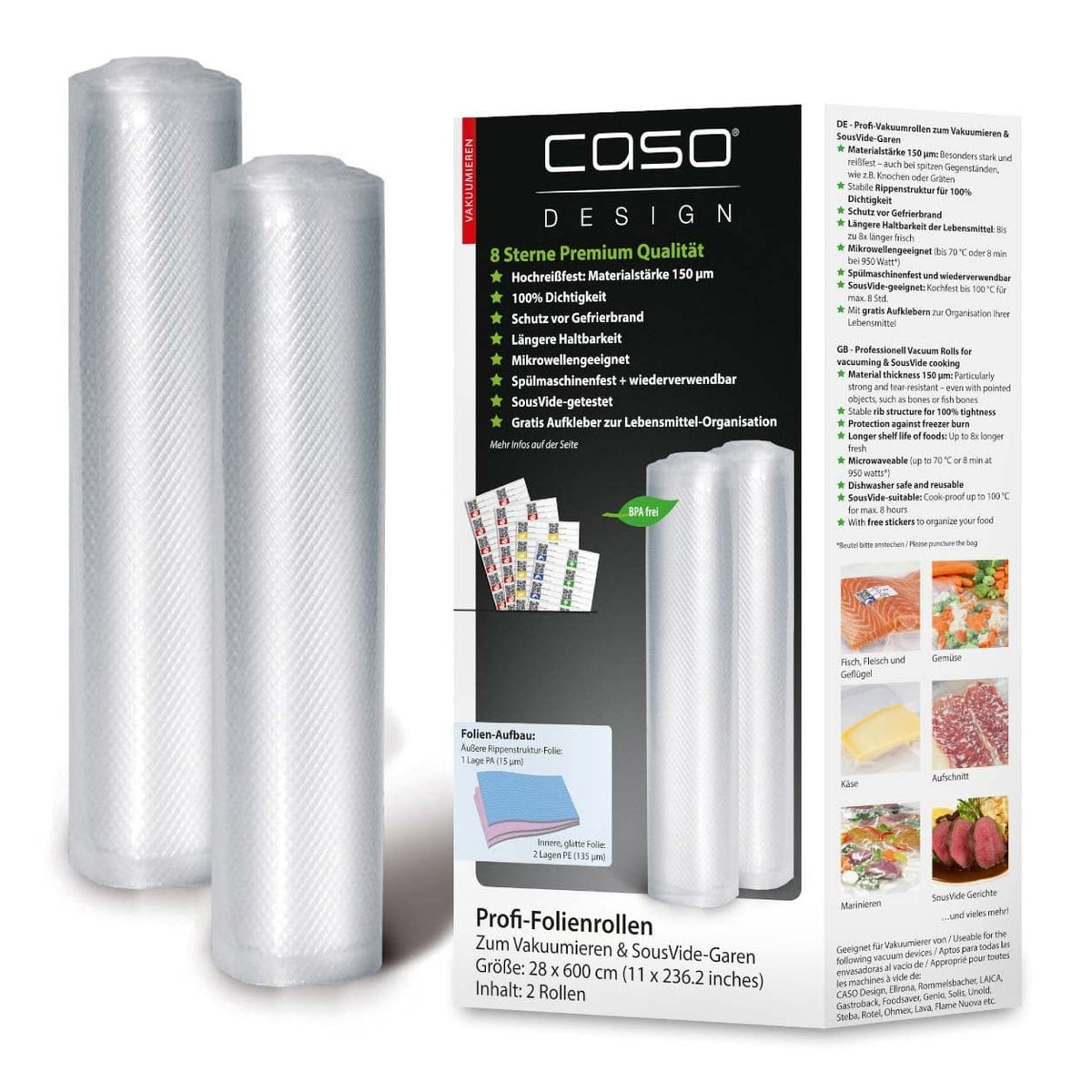 CASO Profi-Folienrollen 28 x 600 cm – 2 Vakuumierrollen, 150 μm, zuschneidbar - Ansicht 1