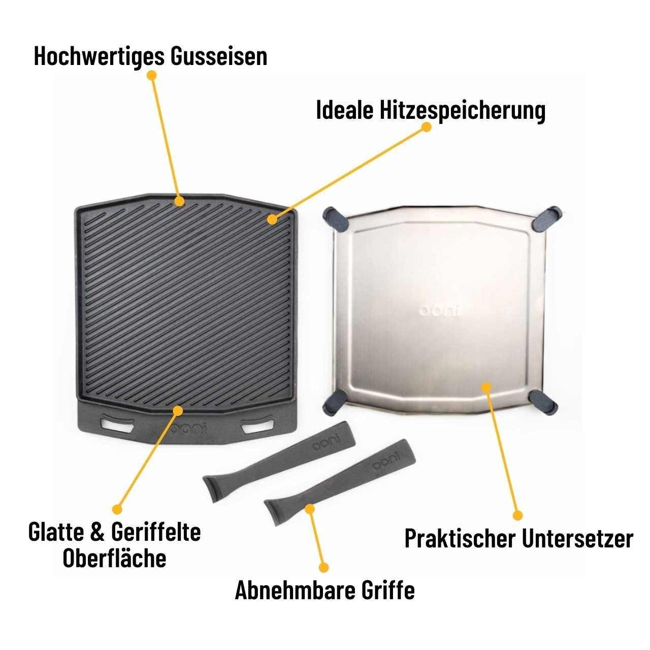 Ooni Gusseisenpfanne - doppelseitige Grizzler-Platte UU-P0A000 Verpackungsinhalt / USPs